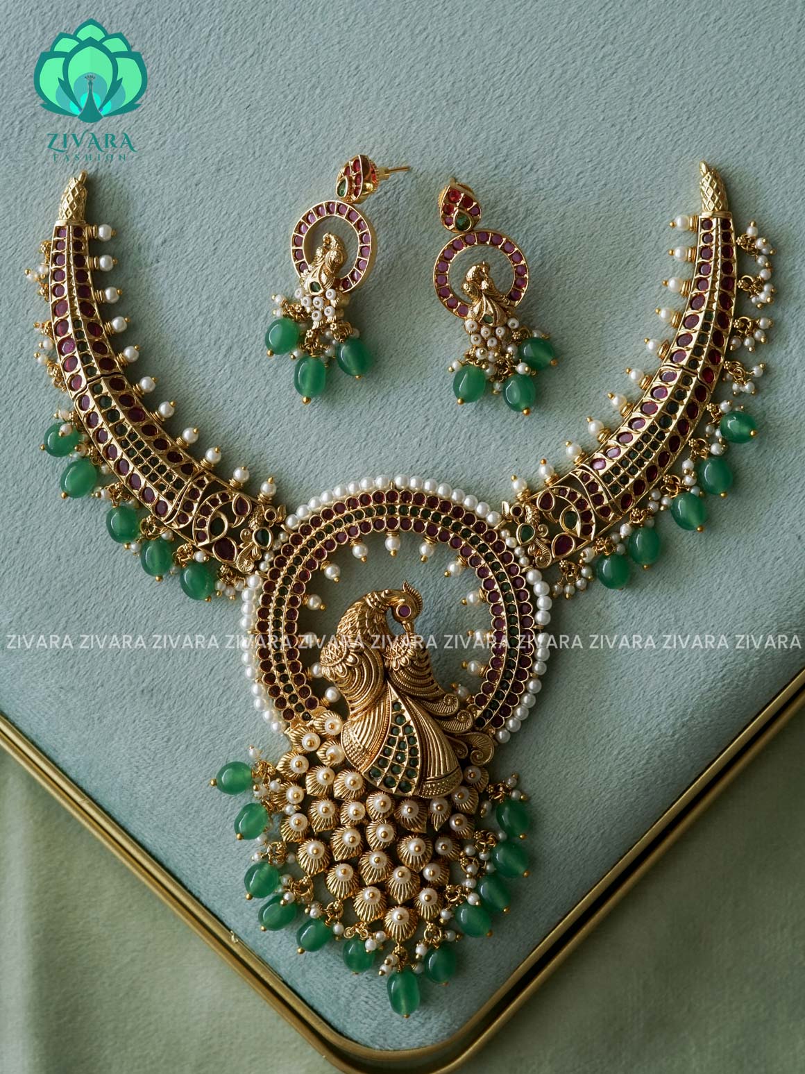 AKSHAYAM - GREEN BEADS PEACOCK HEAVY REAL KEMP  BRIDAL HASLI -Traditional south indian premium neckwear with earrings- Zivara Fashion- latest jewellery design.