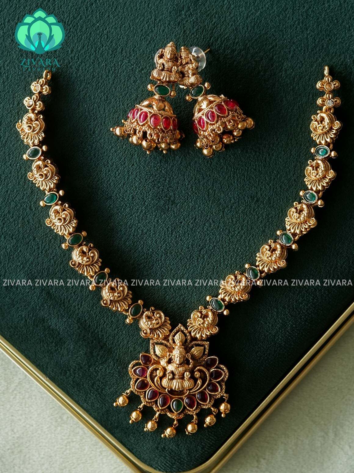 Ruby and Green Trending NORMAL MATTE POLISH temple neckwear with earrings- Zivara Fashion- latest jewellery design