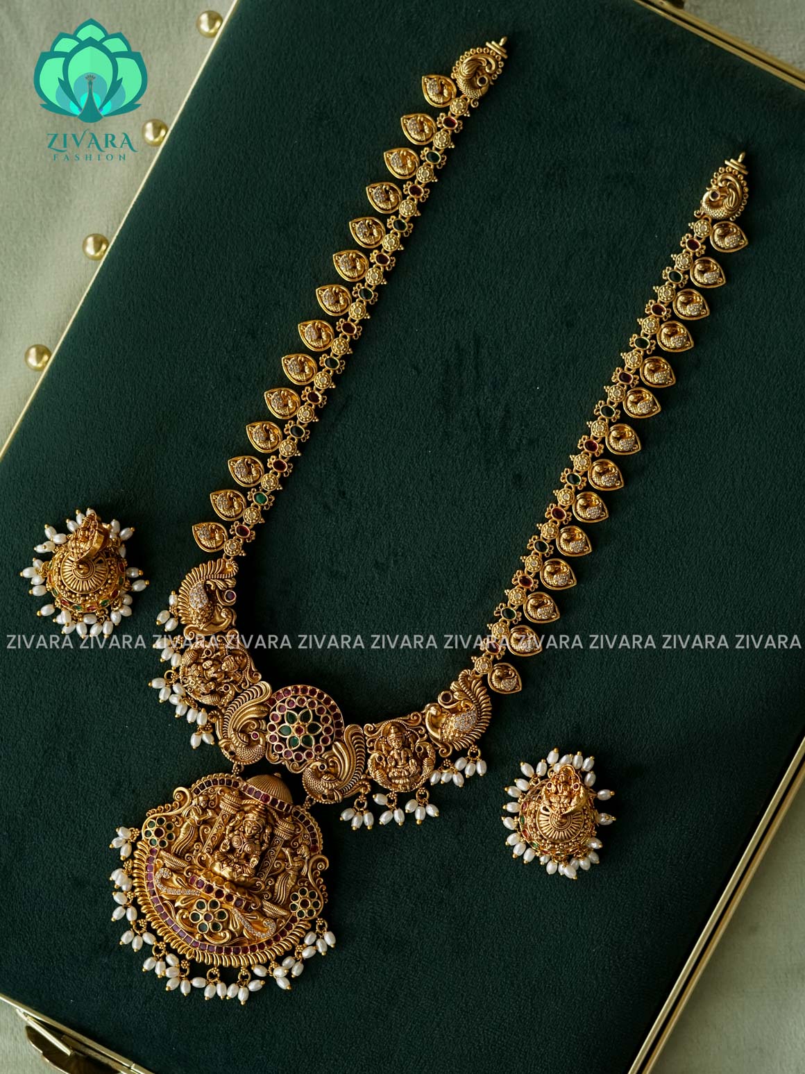 TEMPLE BRIDAL VINTAGE FINISH MIDCHEST - Traditional PREMIUM MATTE polish MIDCHEST haaram/neckwear with earrings- Zivara Fashion