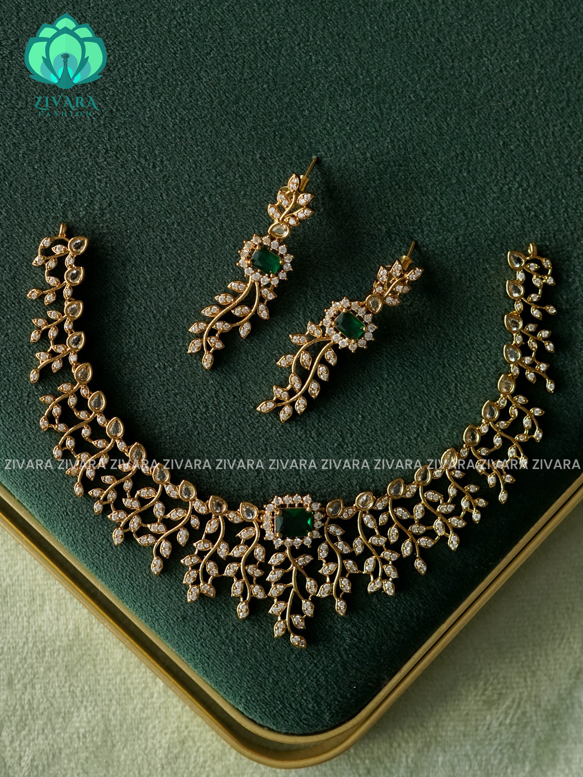 GREEN LEAFY DIAMOND REPLICA - stylish and minimal elegant neckwear - Zivara Fashion