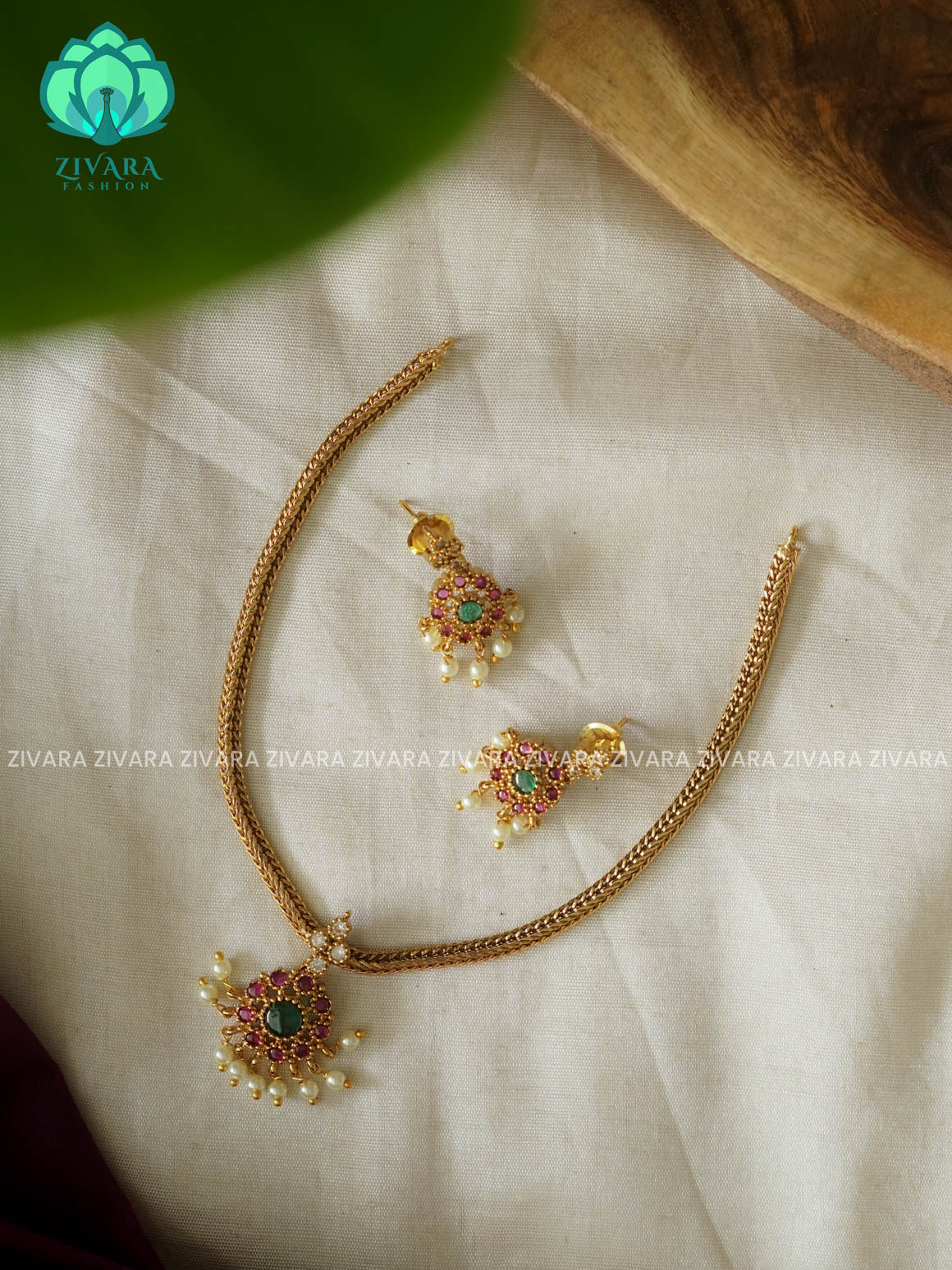 KIDS FRIENDLY REAL KEMP PENDANT WITH FLEXIBLE CHAIN   -  Traditional south indian premium neckwear with earrings- Zivara Fashion- latest jewellery design.