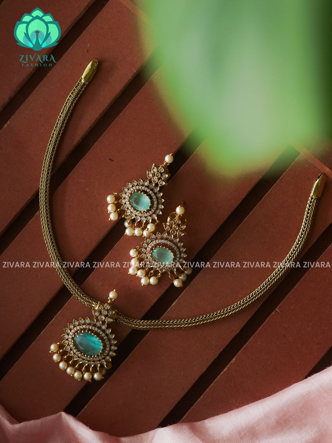 Pastel Green- Flexible chain OVAL   pendant -Traditional south indian premium neckwear with earrings- Zivara Fashion- latest jewellery design