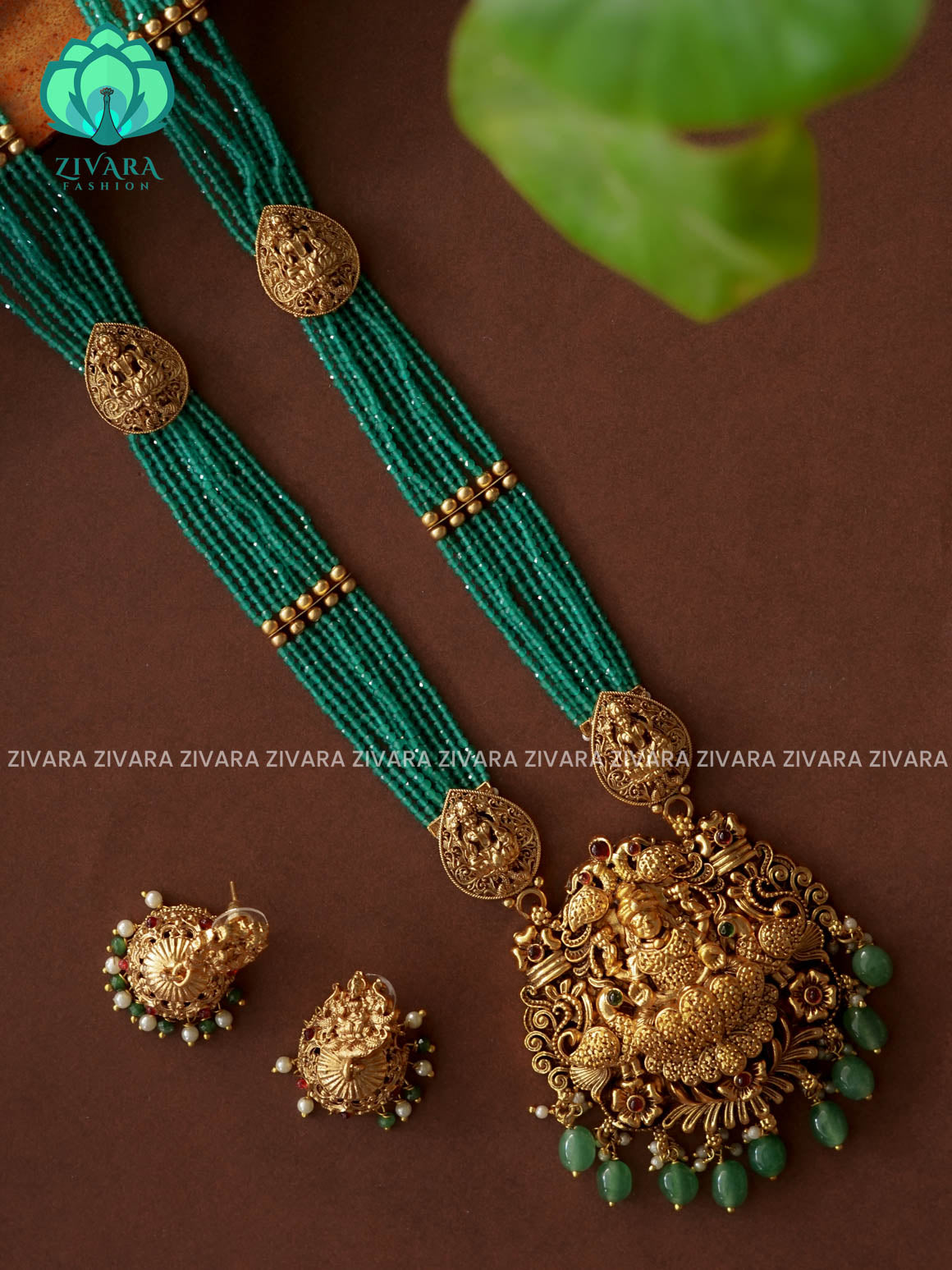 Green beads TEMPLE haaram long neckwear with earrings- PREMIUM  Matte Finish- Zivara Fashion