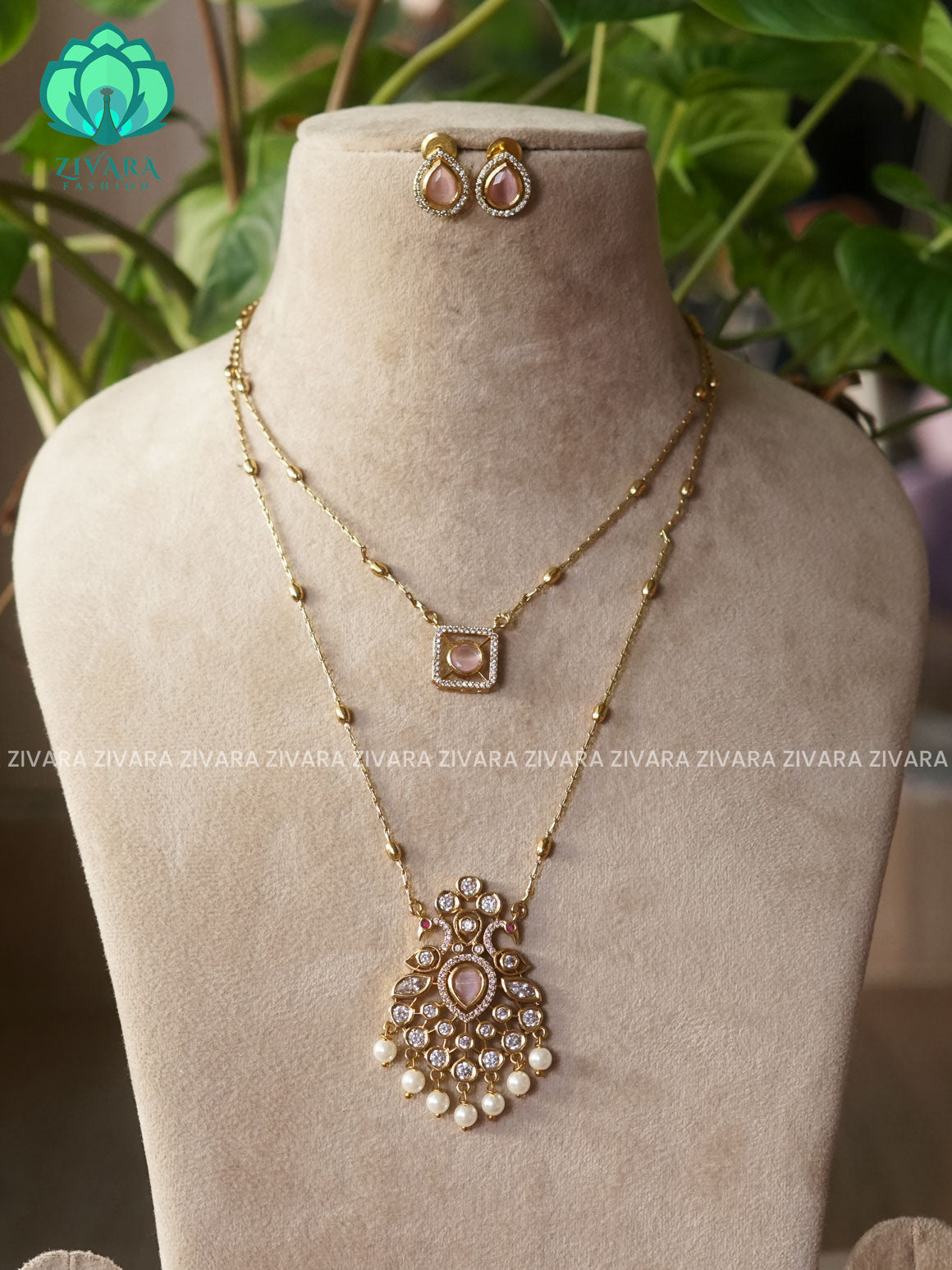 PINK - DOUBLE LAYER PEACOCK THIN PARROT CHAIN  -Traditional south indian premium neckwear with earrings- Zivara Fashion- latest jewellery design