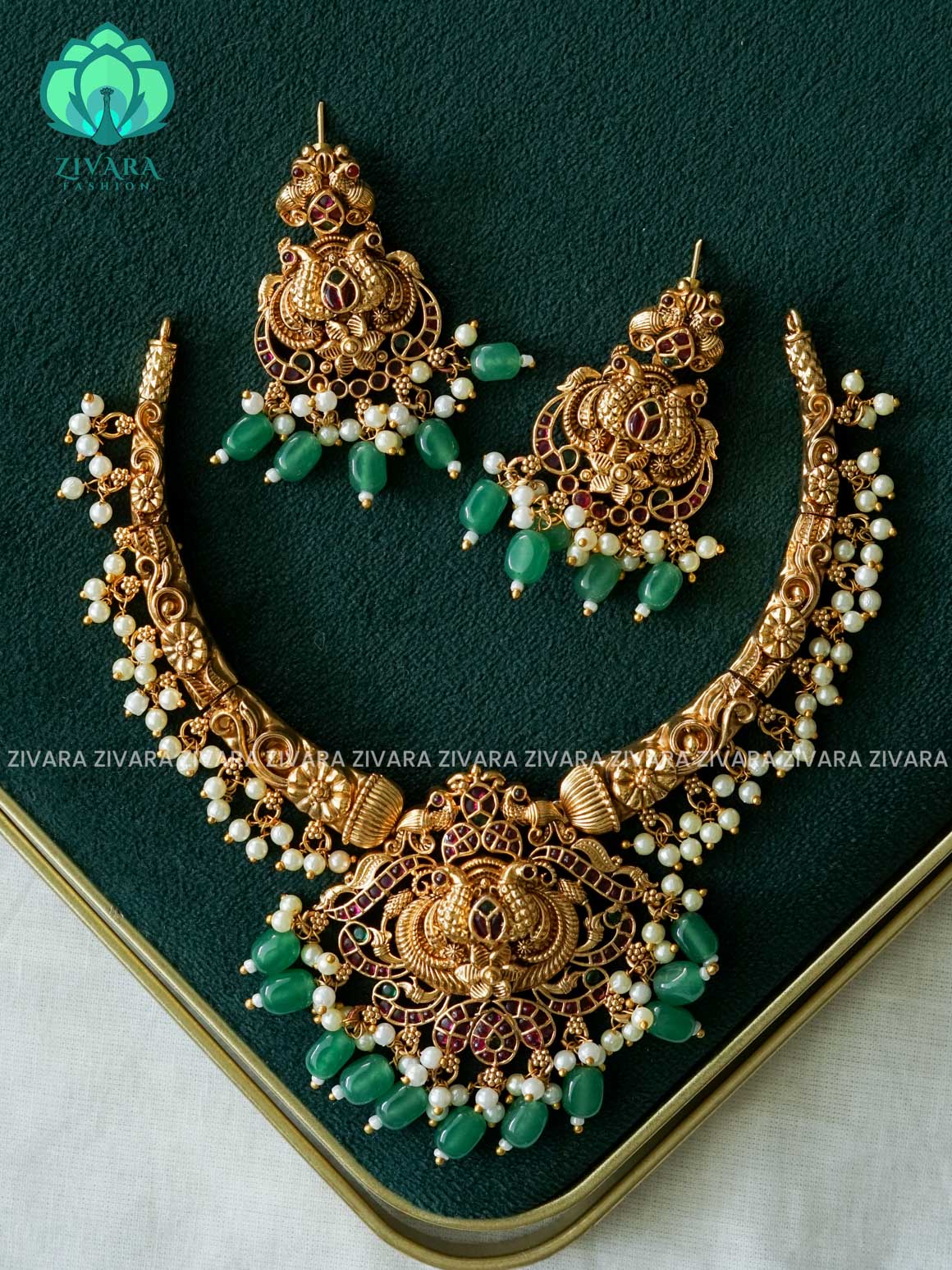 AKSHAYAM - PEACOCK BRIDAL HASLI  NECK WEAR WITH EARRINGS   - Premium quality CZ Matte collection-south indian jewellery