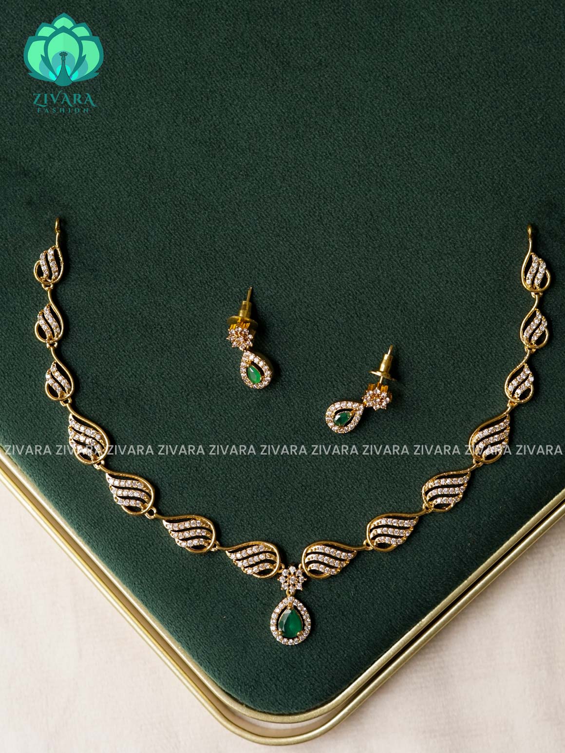 Swirly  GREEN stone pendant  - stylish and minimal elegant kids friendly neckwear with earrings- Zivara Fashion