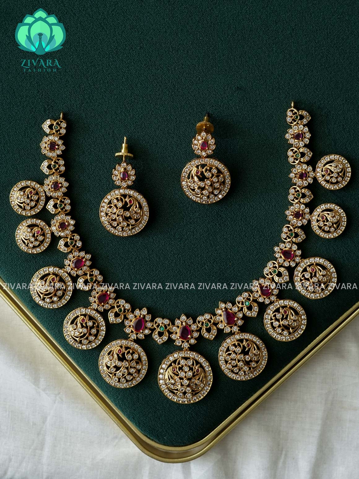 AKSHAYAM - ROUND BUTTA REAL KEMP NECKLACE-Traditional south indian premium neckwear with earrings- Zivara Fashion- latest jewellery design