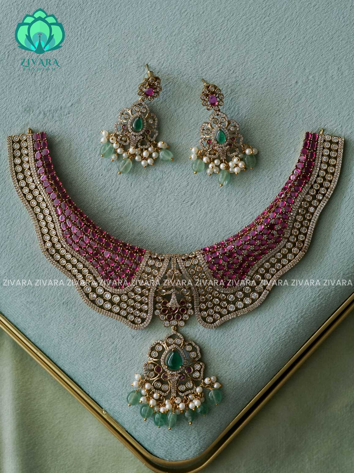 AKSHAYAM -BRIDAL REAL KEMP STONE BUTTERFLY - premium neckwear with earrings- Zivara Fashion- latest jewellery design