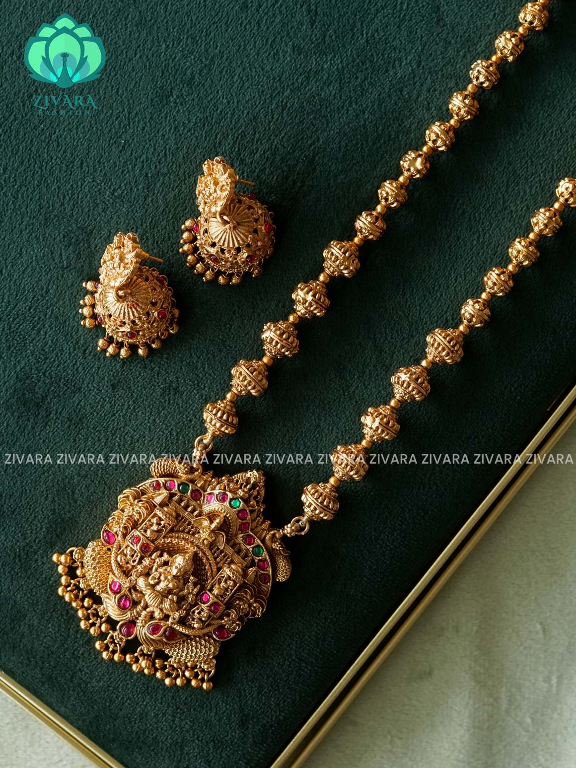 VISHALI GOLD BALL AND TEMPLE PENDANT BALL CHAIN - Traditional NORMAL MATTE polish MIDCHEST haaram/neckwear with earrings- Zivara Fashion
