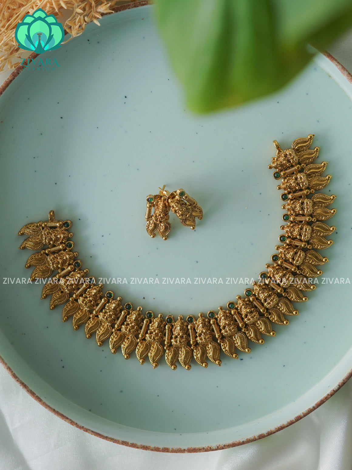 Green Traditional south indian NORMAL MATTE neckwear with earrings- Zivara Fashion- latest jewellery desigN