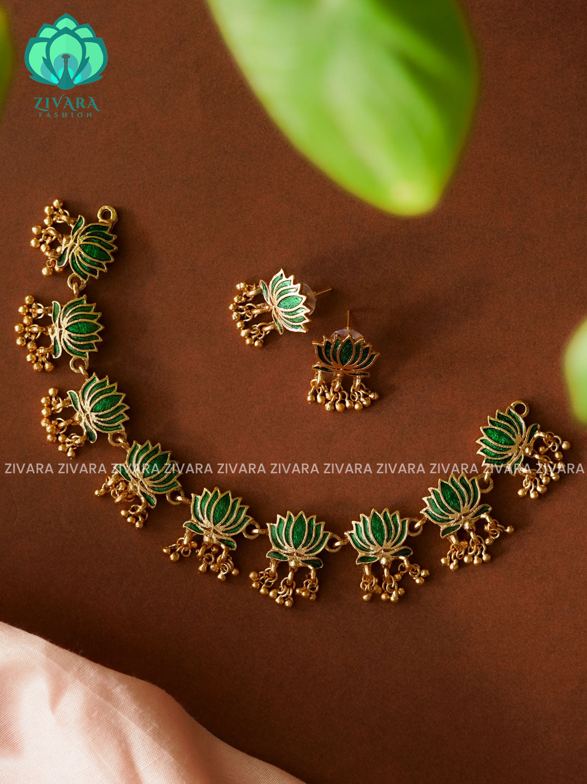 Green- Manju varier inspired Trending NORMAL MATTE lotus enamel neckwear with earrings- Zivara Fashion- latest jewellery design