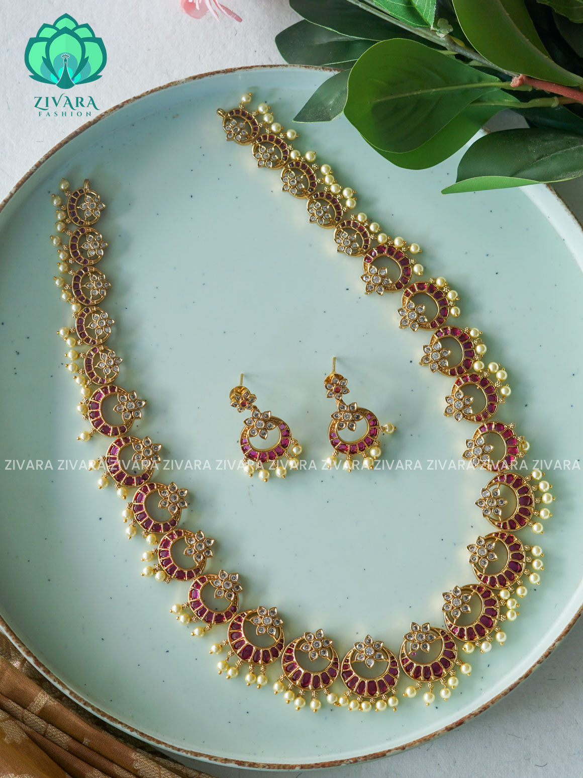 RUBY MOON - Traditional PREMIUM MATTE polish MIDCHEST haaram/neckwear with earrings- Zivara Fashion