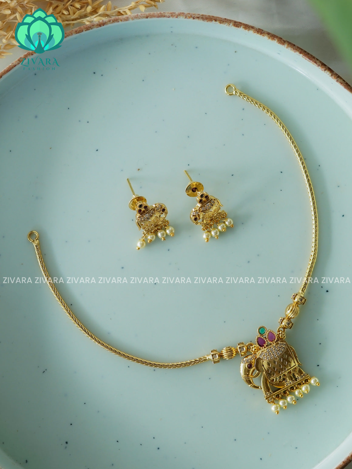 ELEPHANT KIDS FRIENDLY  FLEXIBLE CHAIN WITH HANGINGS -Traditional south indian premium neckwear with earrings- Zivara Fashion- latest jewellery design