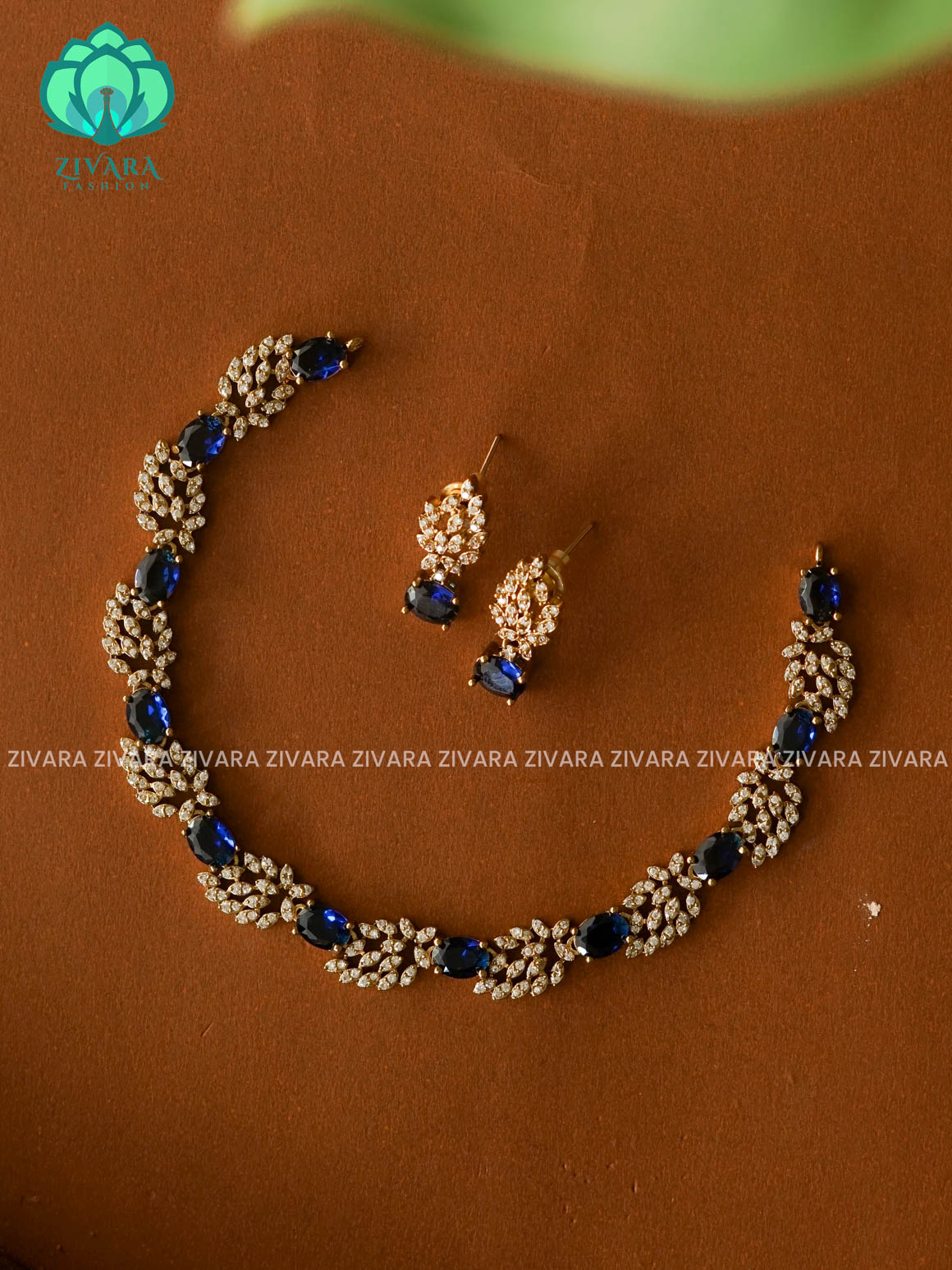 Blue - LEAF CLUSTER  SUBTLE GOLD FINISH  - stylish and minimal elegant neckwear with earrings- Zivara FashioN