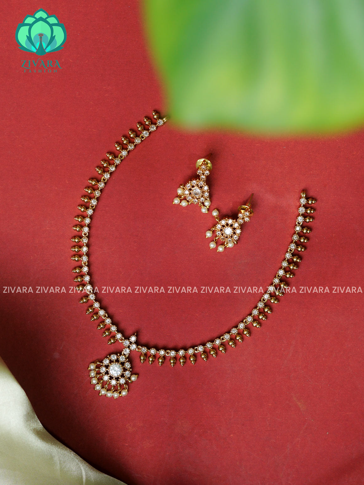 White stone- ATTIGAI -Traditional south indian premium neckwear with earrings- Zivara Fashion- latest jewellery design.