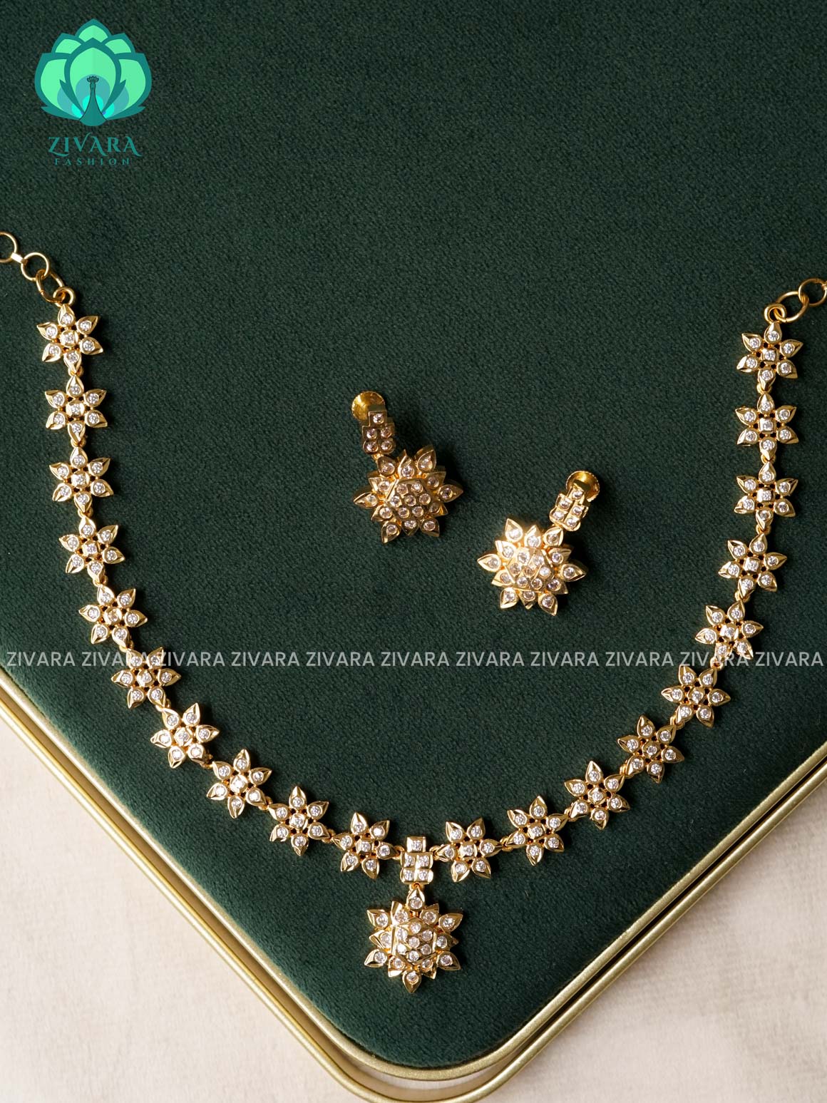 AMBIGAI -  WHITE FLOWER MOTIF MICROGOLD POLISH ATTIGAI WITH EARRINGS  - Zivara Fashion- latest jewellery design
