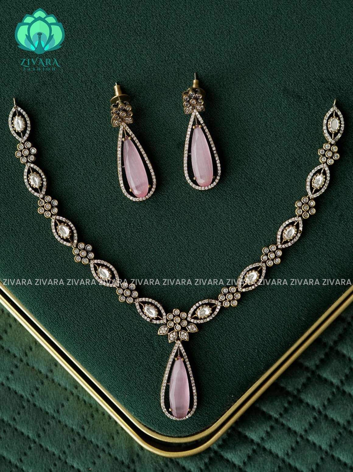 Pastel Pink -Tear pendant - Diamond look alike  - Ultra premium victoria finish dark polish trending neckwear collection- bridal collection- Zivara Fashion