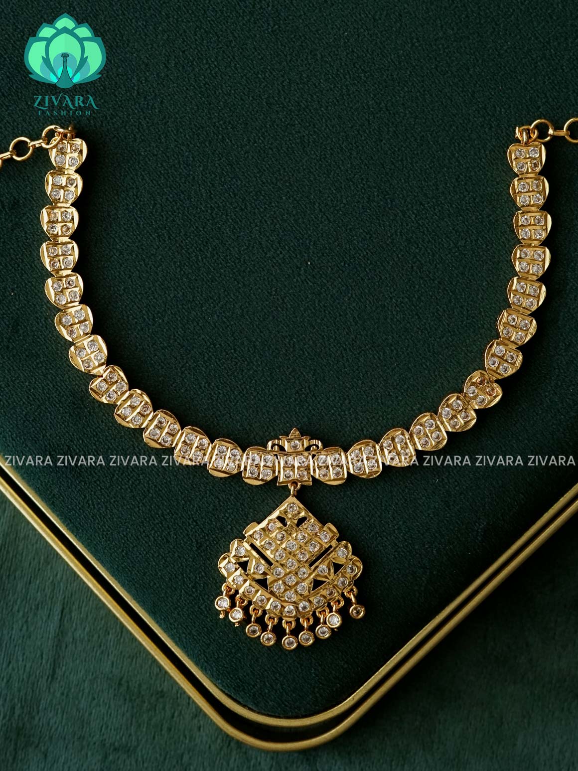 AMBIGAI-WHITE STONE MOTIF MICROGOLD POLISH ATTIGAI  - Zivara Fashion- latest jewellery desigN (Copy) (Copy)
