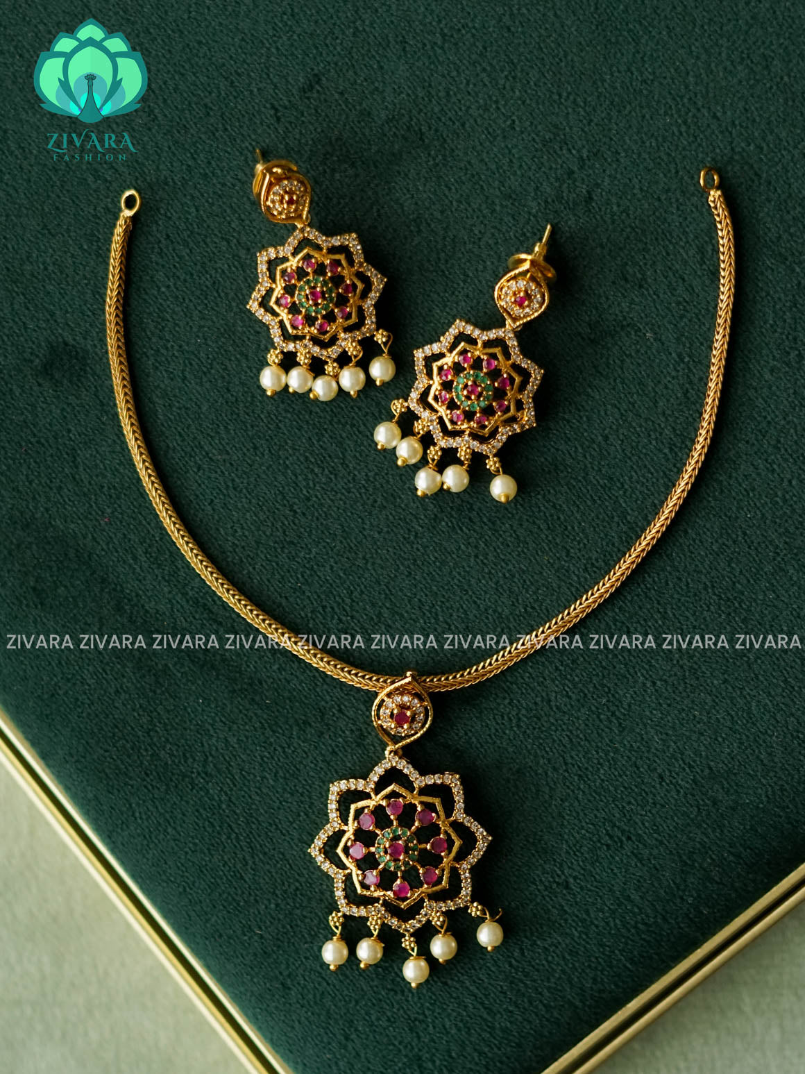 RUBY Flexible chain and STAR  pendant   -Traditional south indian premium neckwear WITH earrings- Zivara Fashion- latest jewellery design