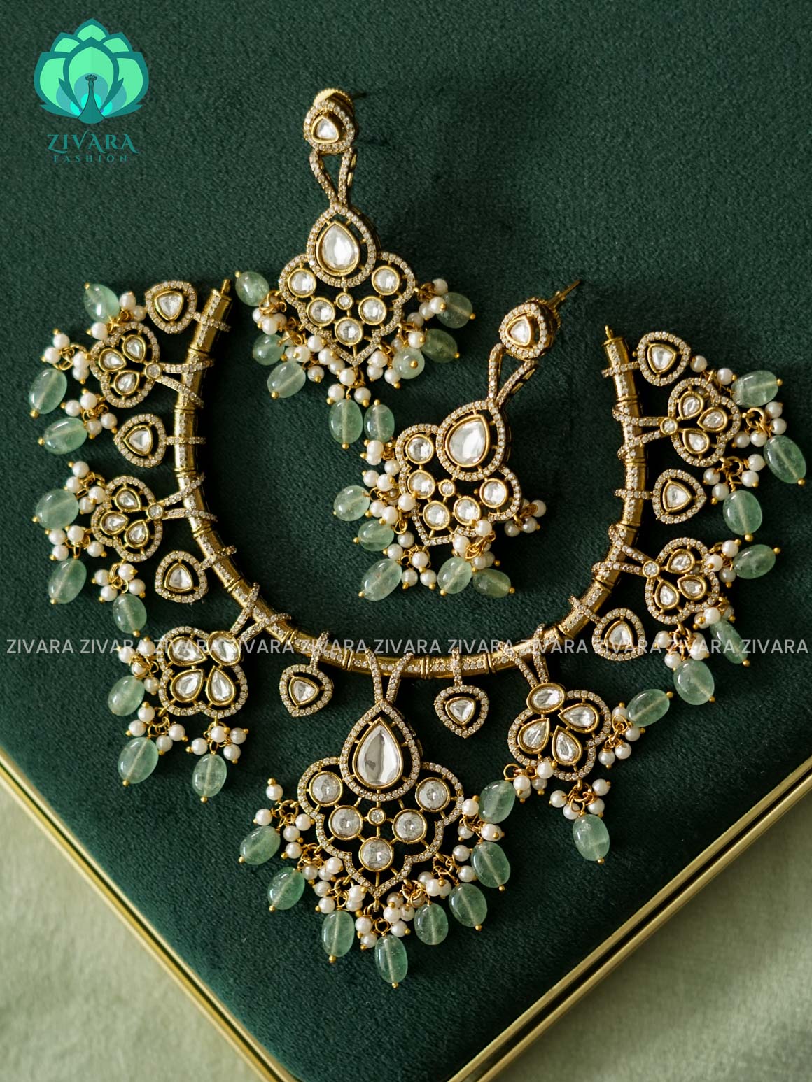 GREEN BEADS WHITE  STONE TEAR PENDANT -  stylish and minimal elegant neckwear with earrings- Zivara Fashion