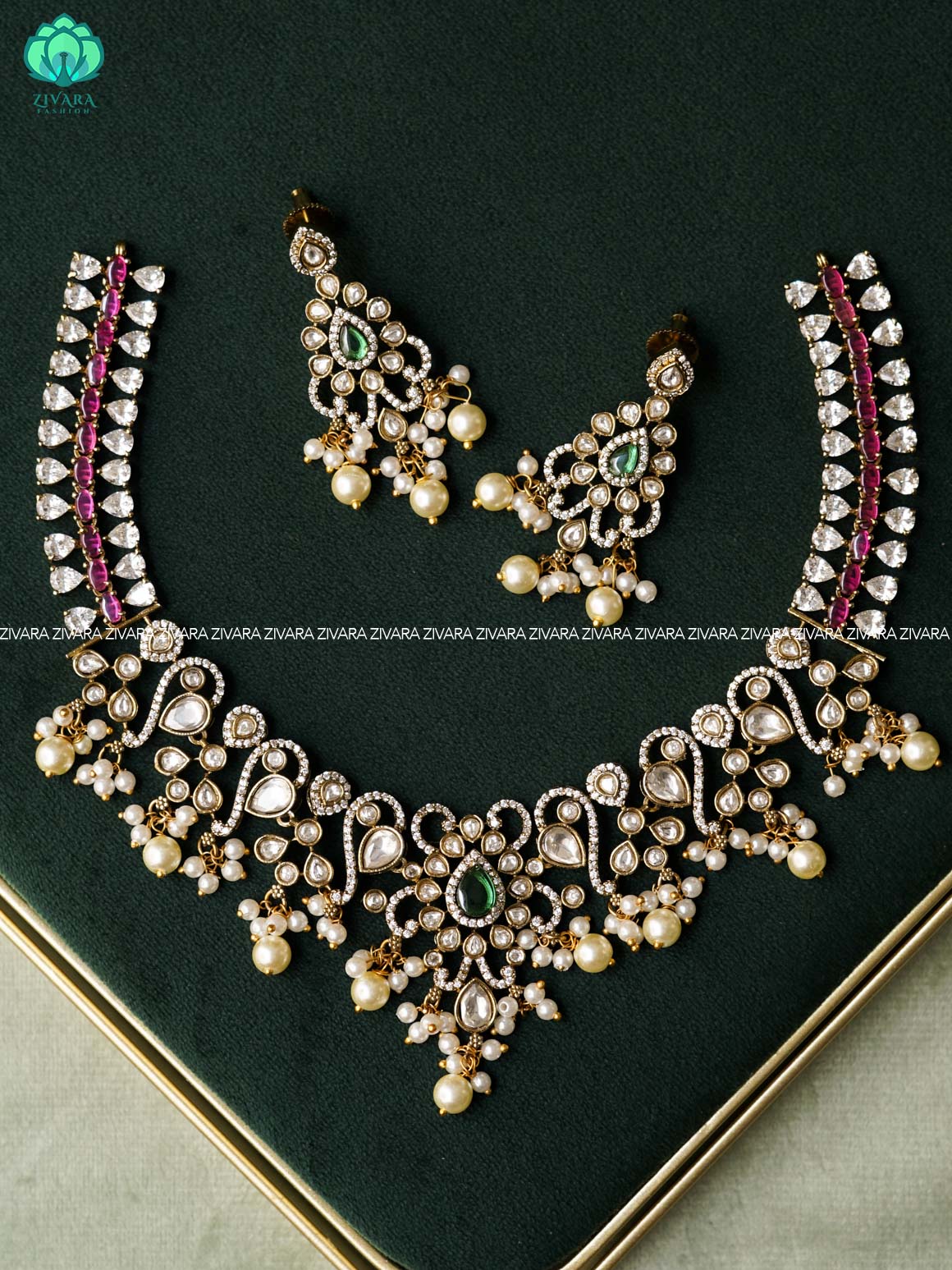 Bridal real kemp stone neckwear with hanging white beads -Traditional south indian premium neckwear with earrings- Zivara Fashion- latest jewellery design