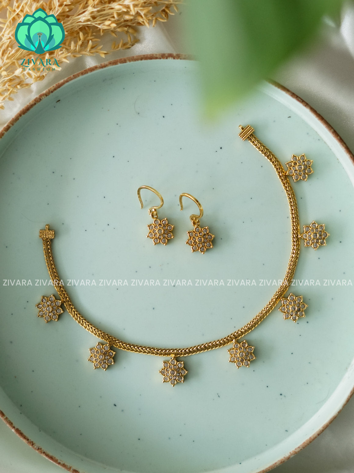 WHITE FLOWER- FLEXIBLE CHAIN WITH HANGING -Traditional south indian premium neckwear with earrings- Zivara Fashion- latest jewellery design