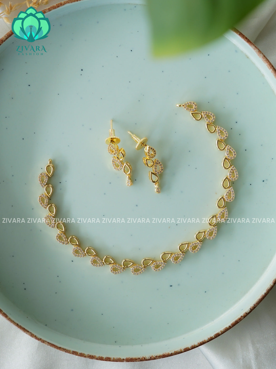 Bright gold   LEAFY WHITE SMALL SIZE KIDS FRIENDLY  - stylish and minimal elegant neckwear with earrings- Zivara FashioN