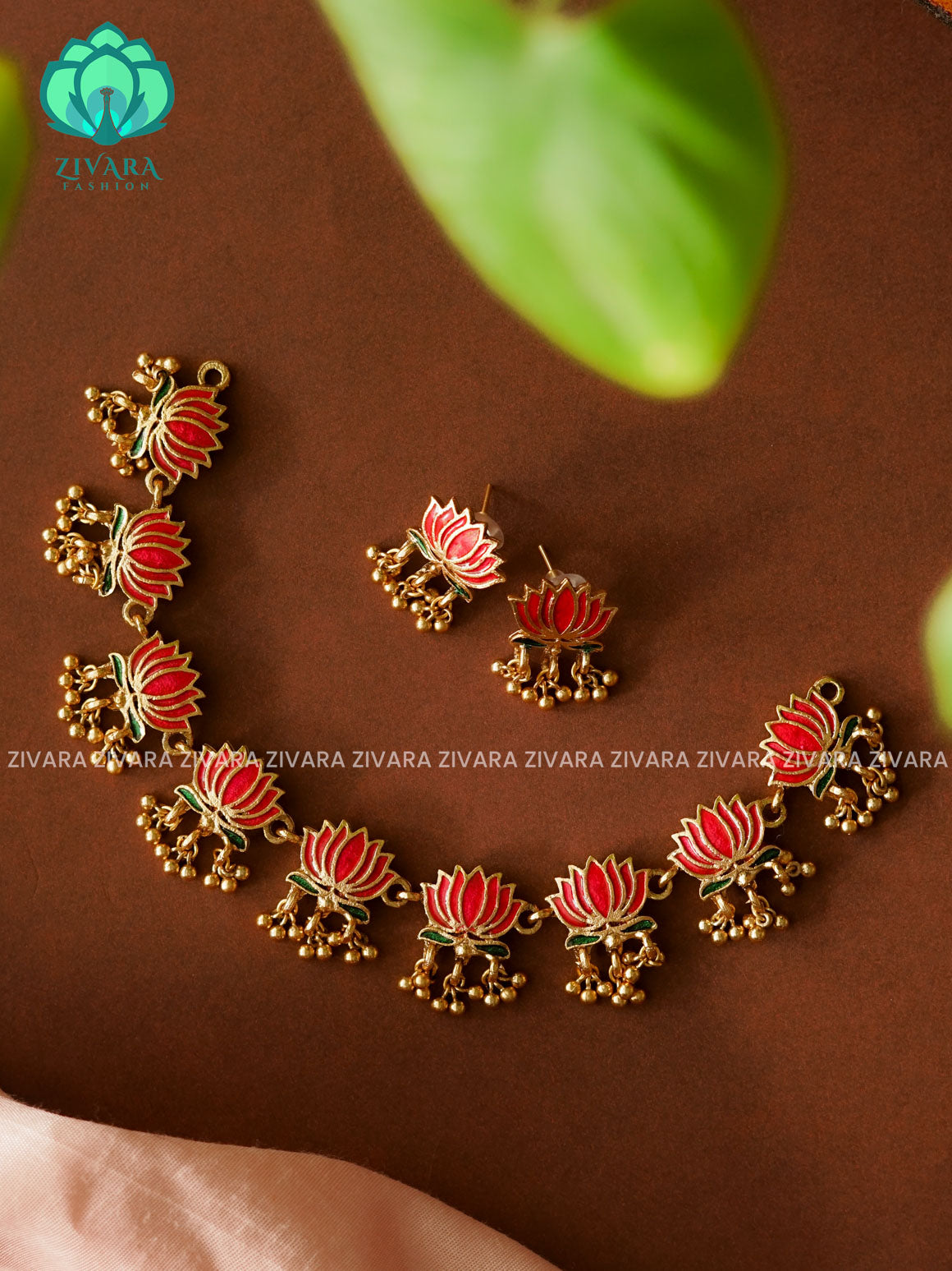 Manju varier inspired Trending NORMAL MATTE lotus enamel neckwear with earrings- Zivara Fashion- latest jewellery design