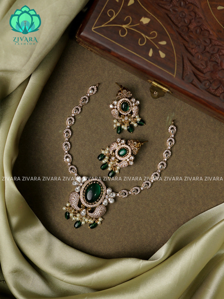 DARK GREEN  - Peacock - Ultra premium victoria finish dark polish trending neckwear collection- bridal collection- Zivara Fashion