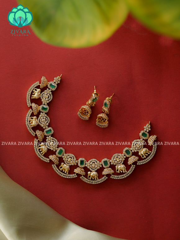 Green- Elephant jhumka -Traditional south indian premium neckwear with earrings- Zivara Fashion- latest jewellery design.