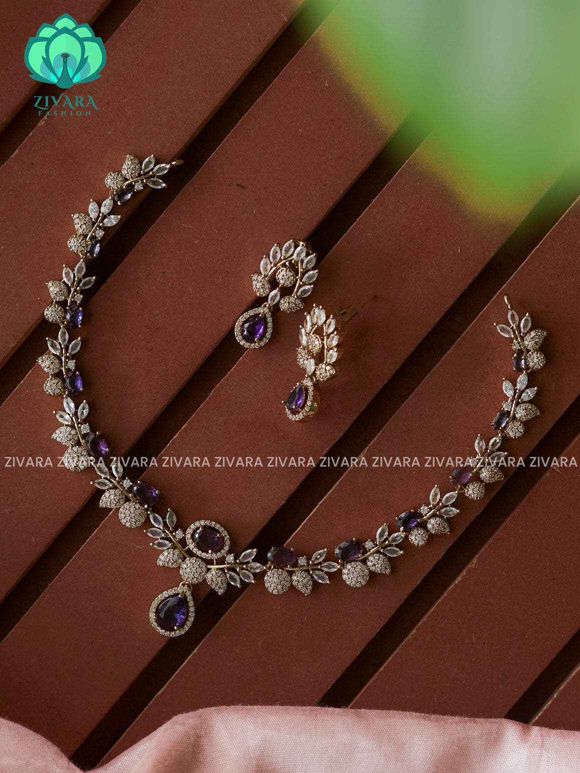 PURPLE LEAF AND TEAR  pendant -Traditional south indian premium neckwear with earrings- Zivara Fashion- latest jewellery design.