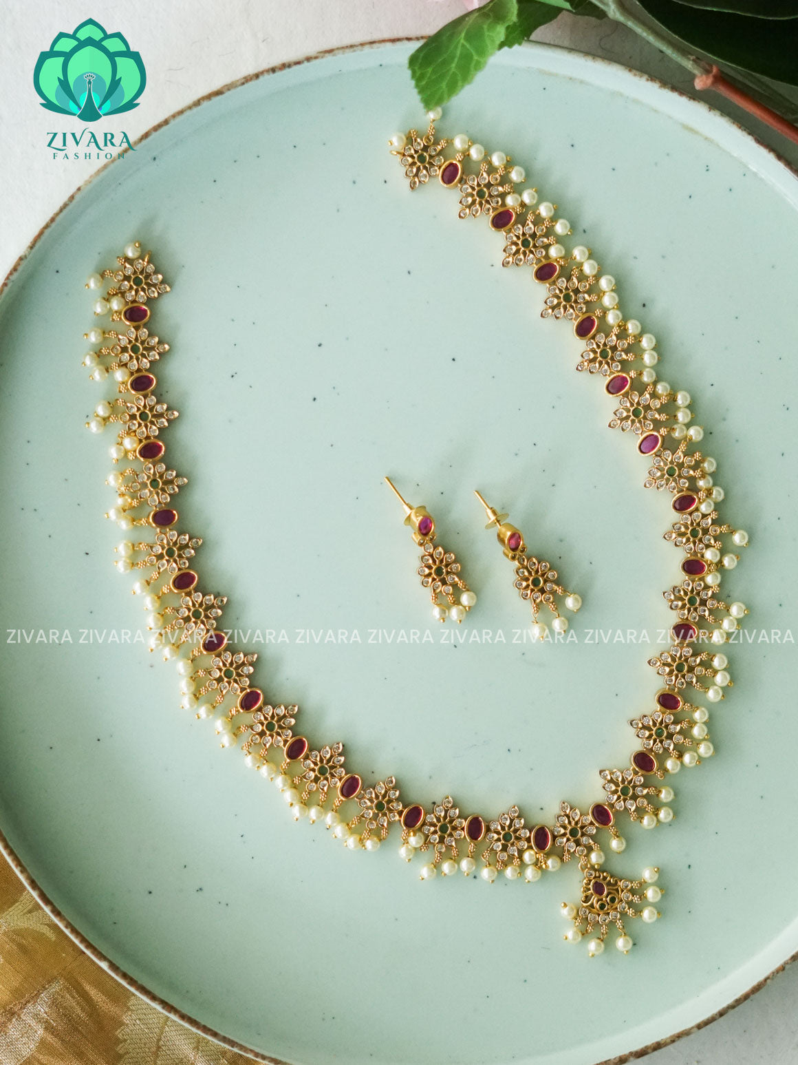 Simple real kemp  - Traditional PREMIUM MATTE polish MIDCHEST haaram/neckwear with earrings- Zivara Fashion