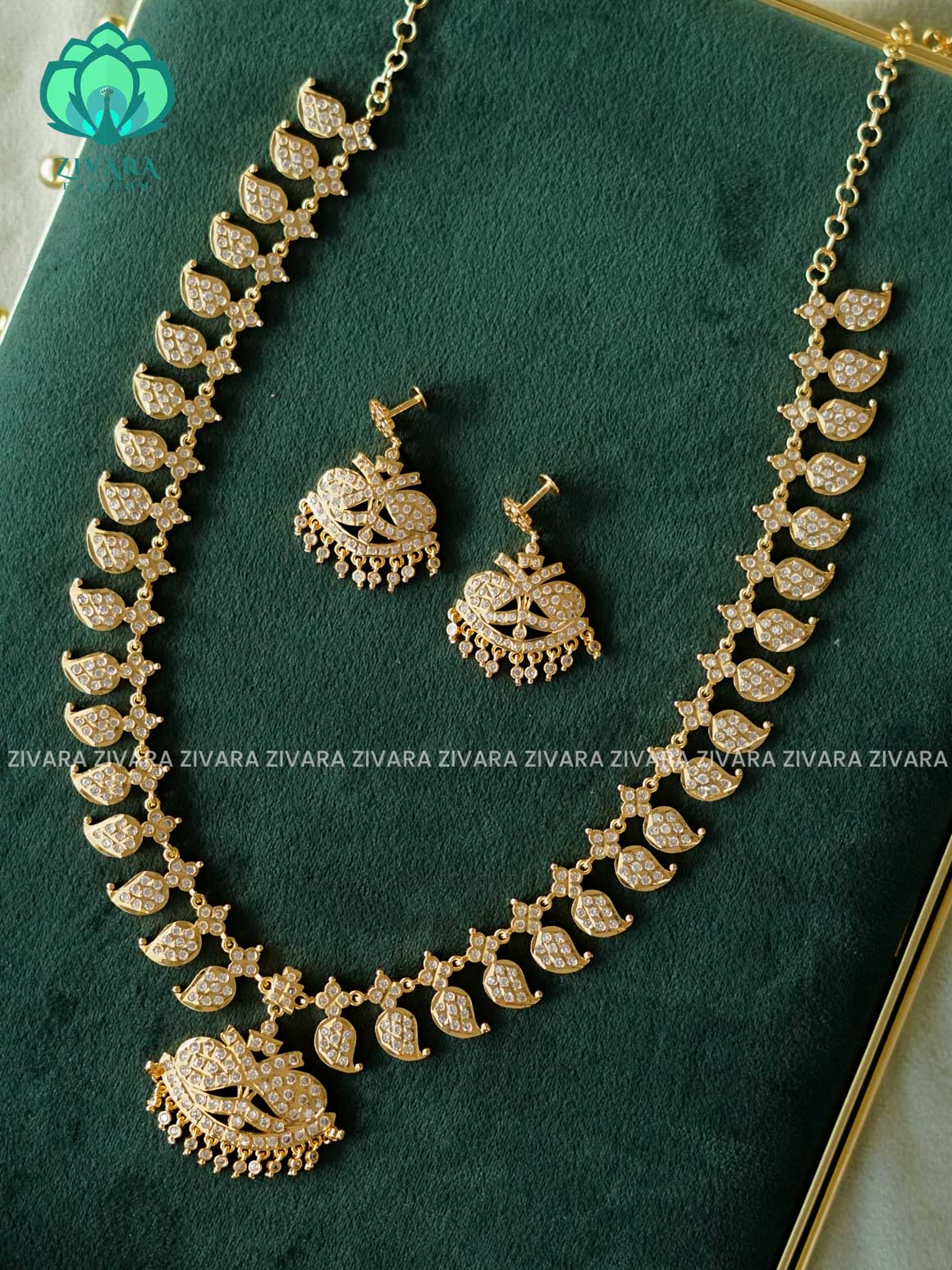 AMBIGAI -  WHITE STONE  MICROGOLD POLISH LONG HAARAM  with premium gold polish -Traditional south indian premium neckwear without earrings- Zivara Fashion- latest jewellery design