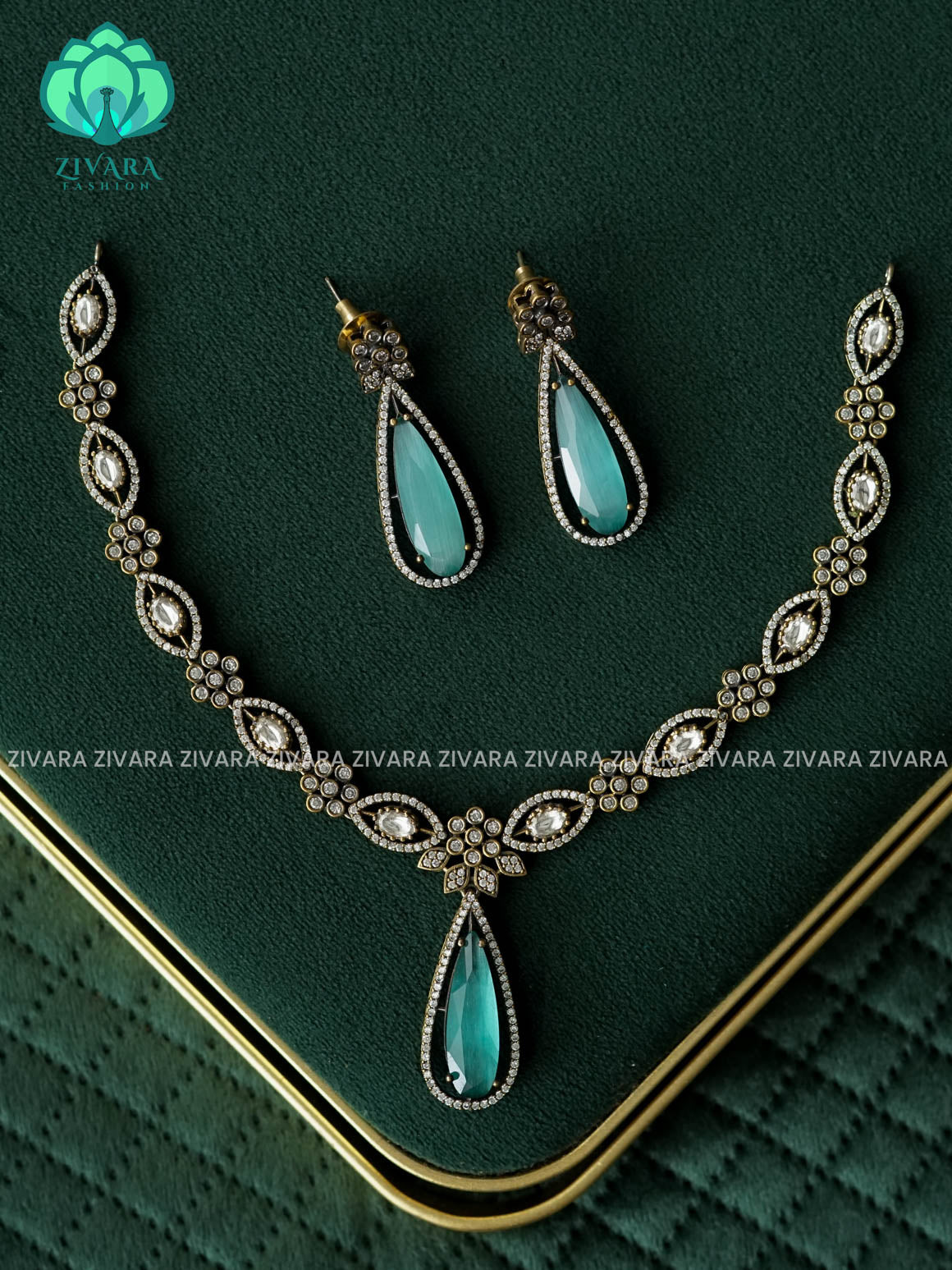 Pastel Green  -Tear pendant - Diamond look alike  - Ultra premium victoria finish dark polish trending neckwear collection- bridal collection- Zivara Fashion