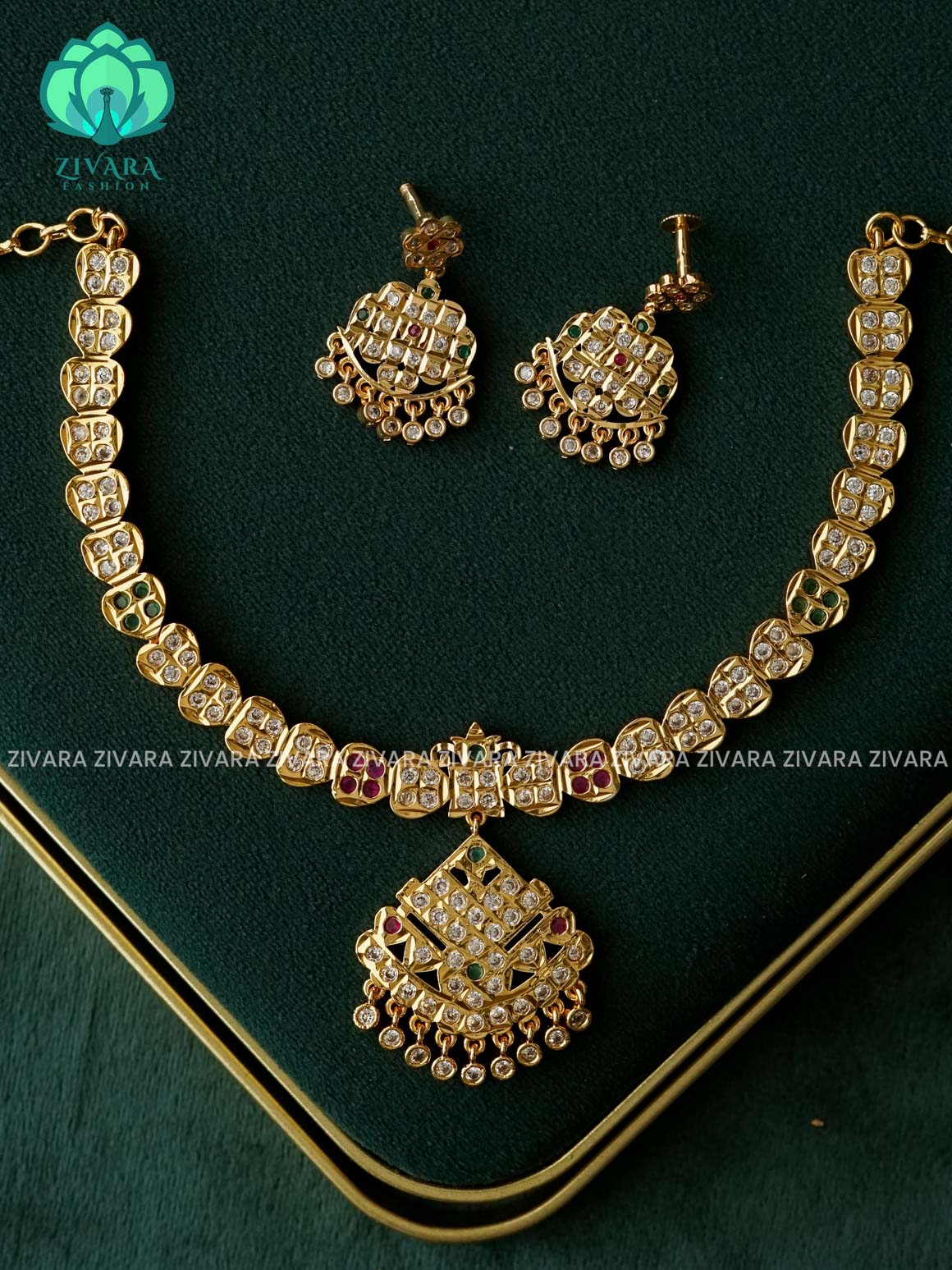 AMBIGAI-WHITE STONE MOTIF MICROGOLD POLISH ATTIGAI  - Zivara Fashion- latest jewellery design