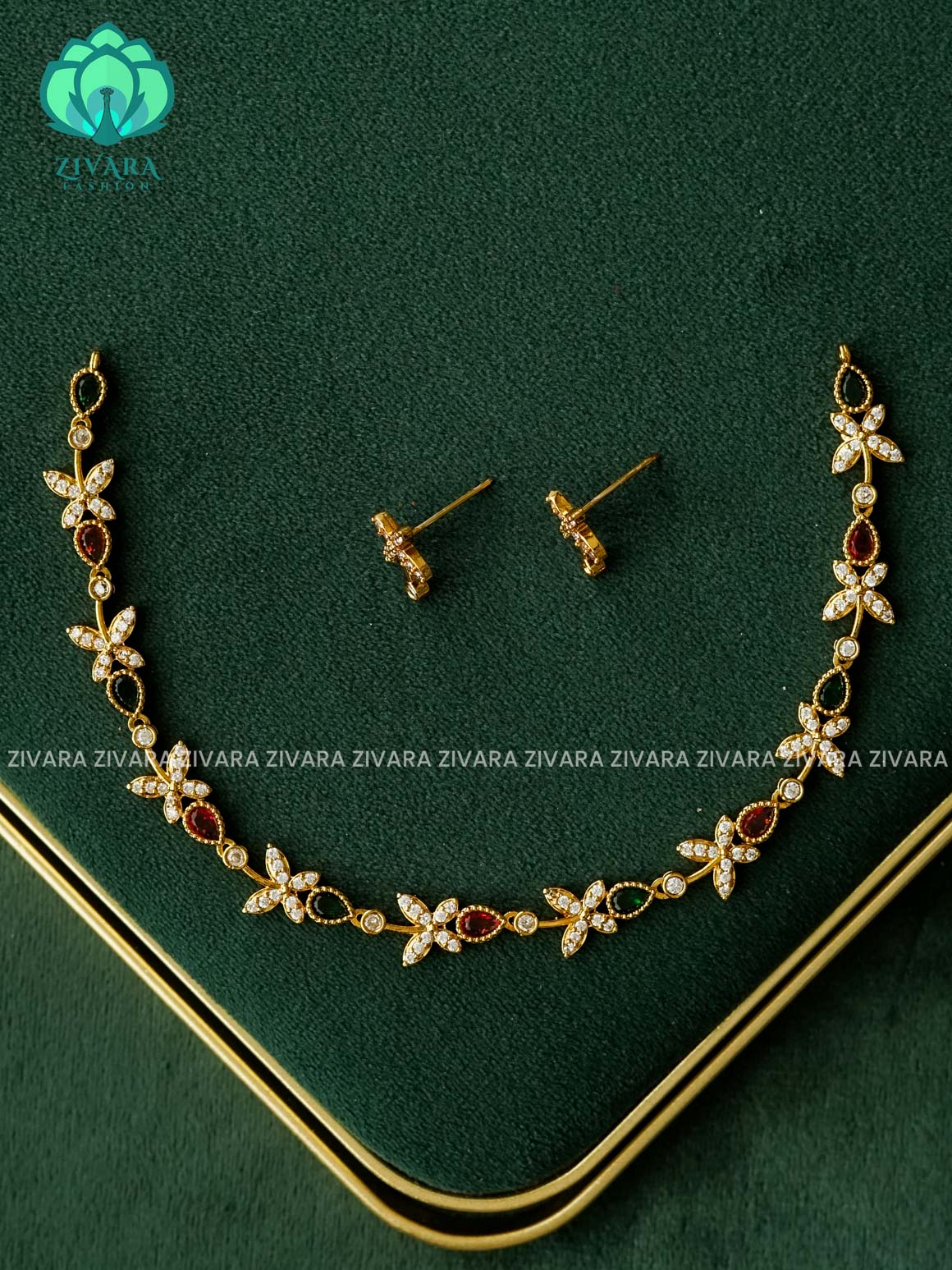 Kanya - WHITE WITH GREEN TEAR NECKWEAR -  stylish and minimal elegant neckwear with earrings- Zivara Fashion