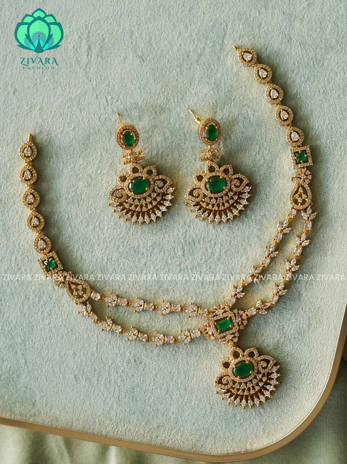 Green- Trending step adstone matte finish Traditional south indian premium neckwear with earrings- Zivara Fashion- latest jewellery design.