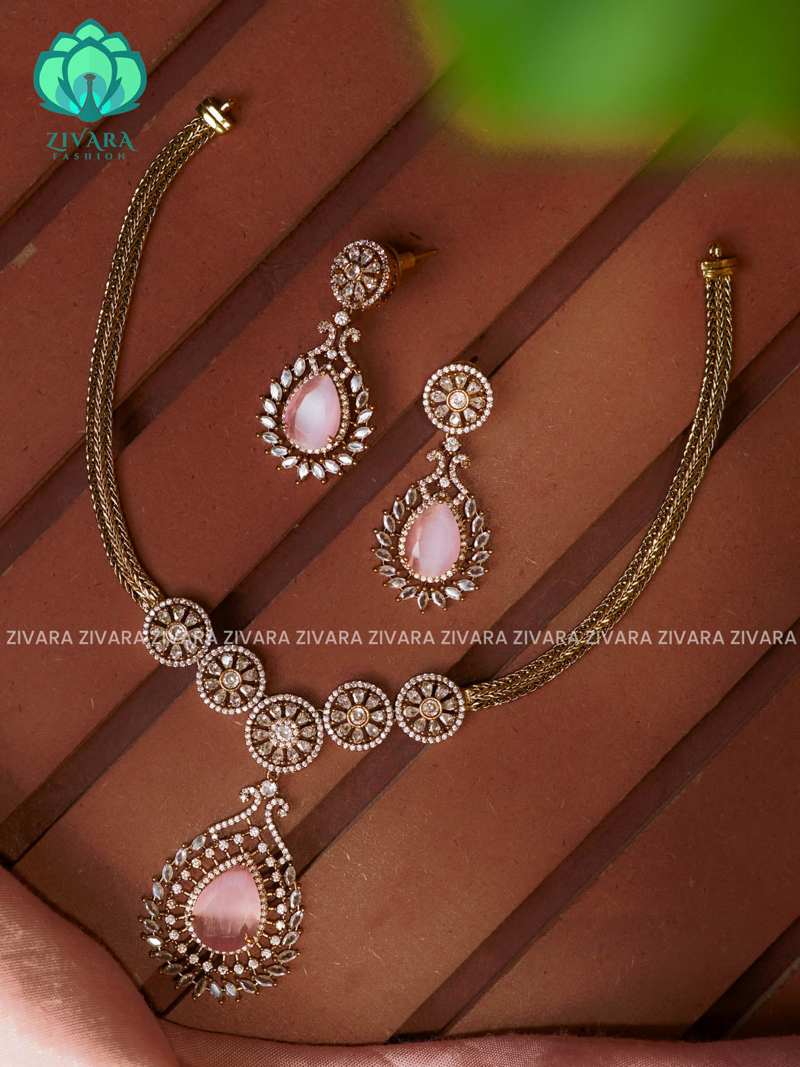PASTEL PINK - Flexible chain pendant -Traditional south indian premium neckwear with earrings- Zivara Fashion- latest jewellery design