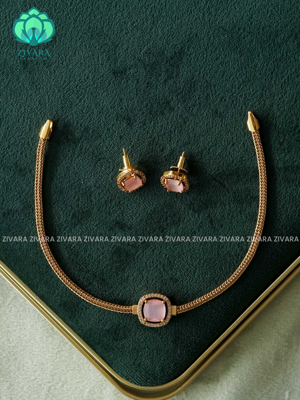 PASTEL PINK CUTE SQUARE PENDANT KIDS FRIENDLY flexible chain close neck WEAR WITH EARRINGS   - Premium quality CZ Matte collection-south indian jewellery