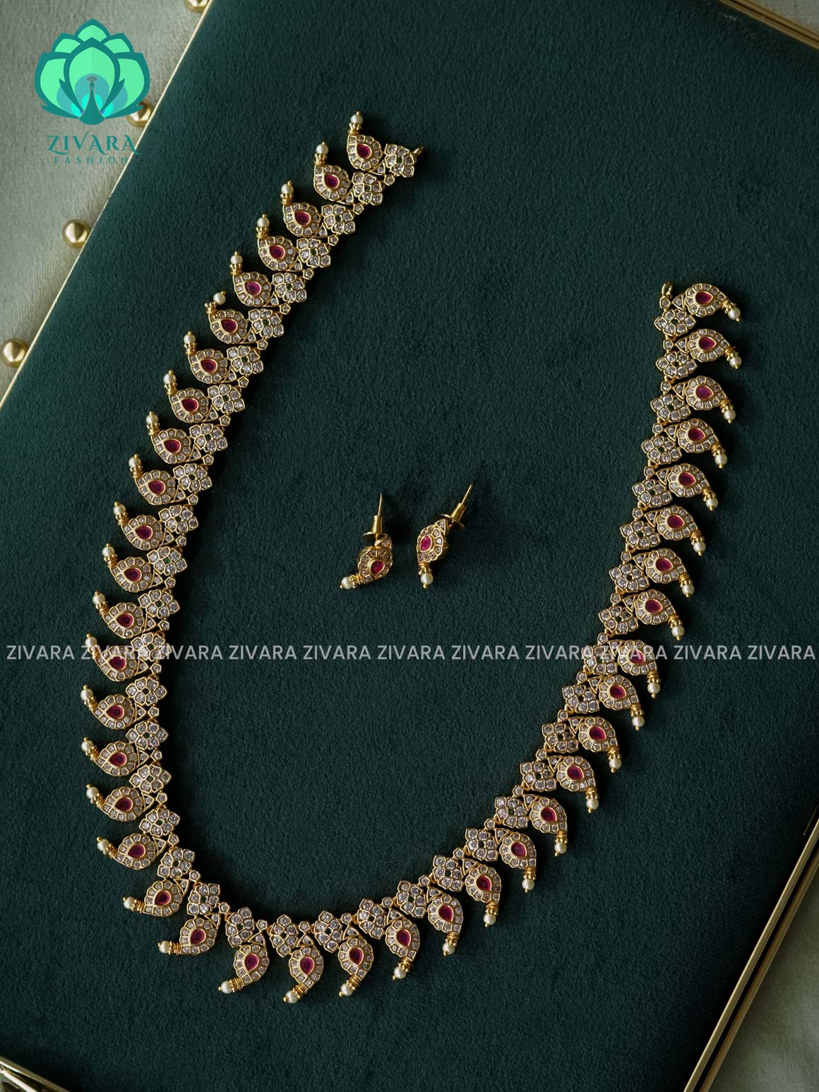 RUBY STONE MANGO - Traditional PREMIUM MATTE polish MIDCHEST haaram/neckwear with earrings- Zivara Fashion