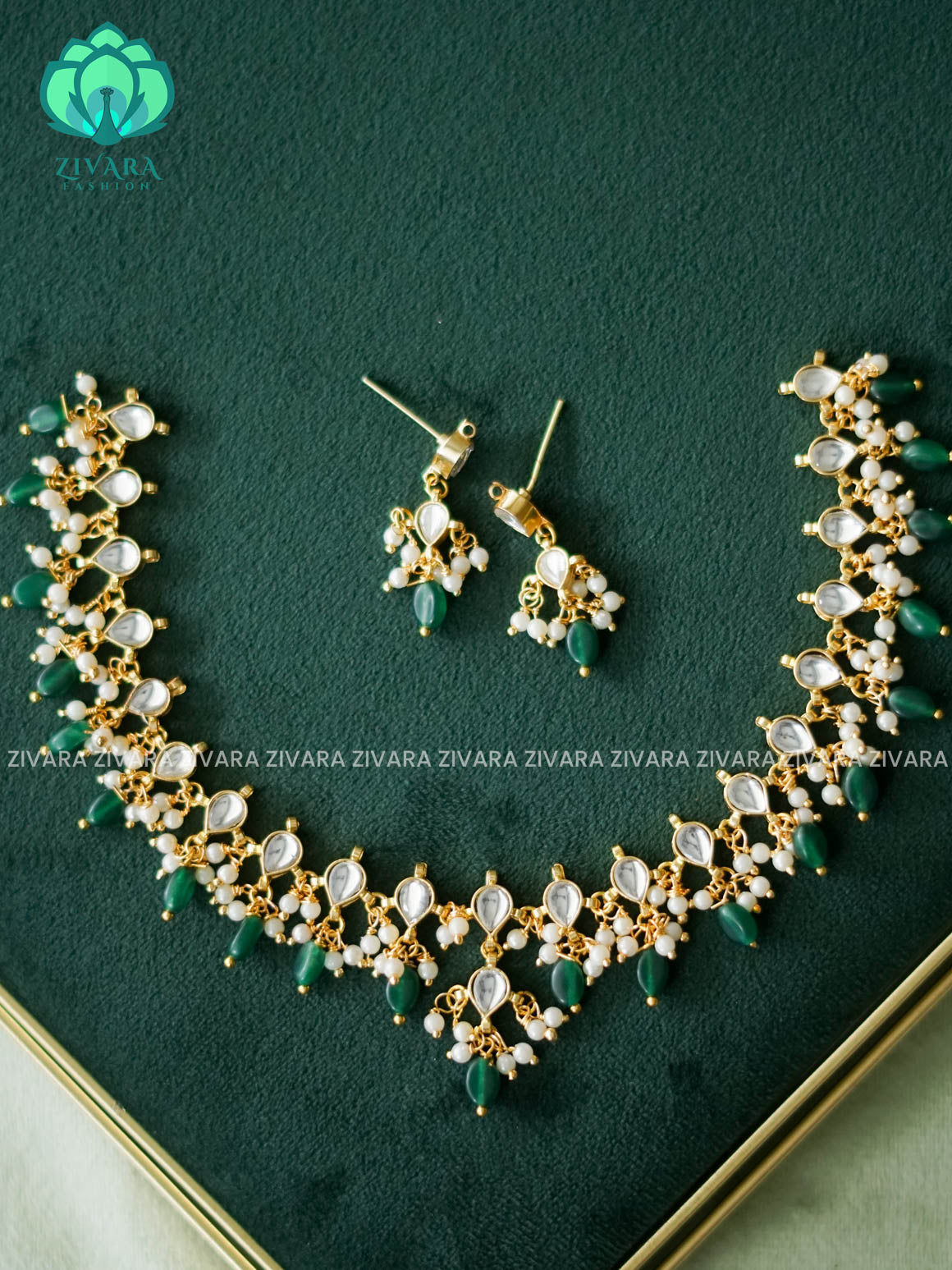 AKSHAYAM - WHITE Trending JADAU HANDMADE NECKWEAR WITH GREEN BEADS HANGINGS - Zivara Fashion - latest jewellery design