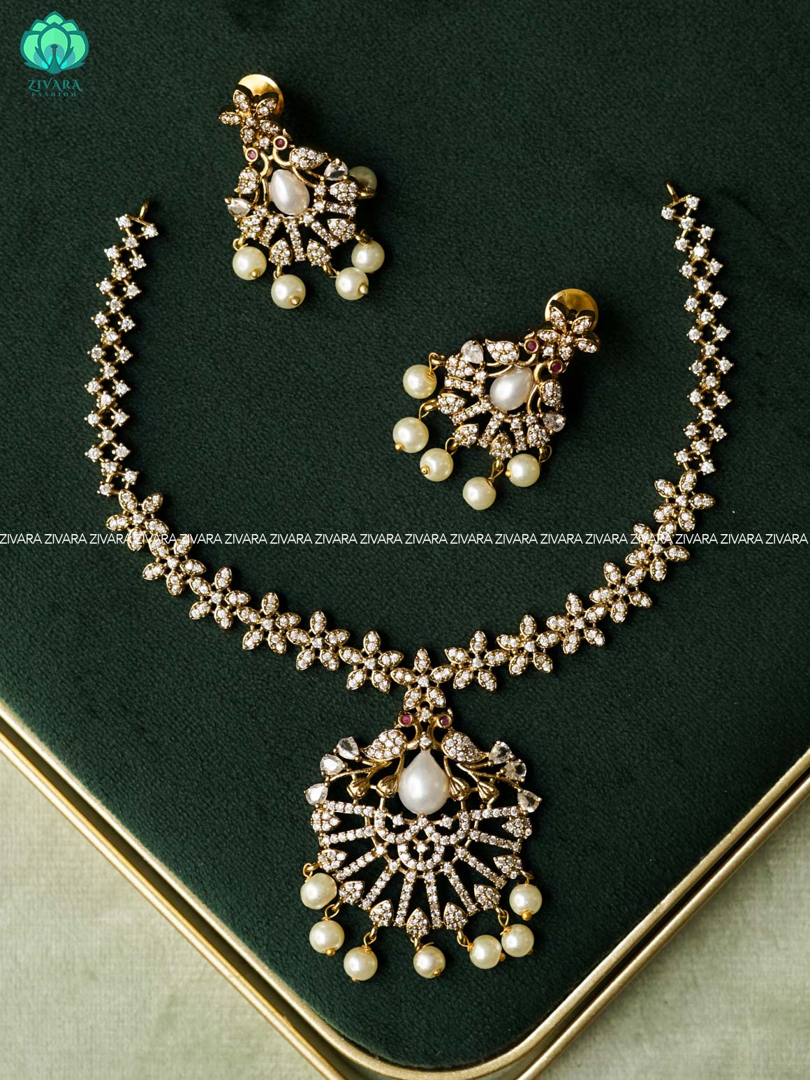 WHITE STONE PEACOCK WITH FLOWER - stylish and minimal elegant neckwear with earrings- Zivara Fashion