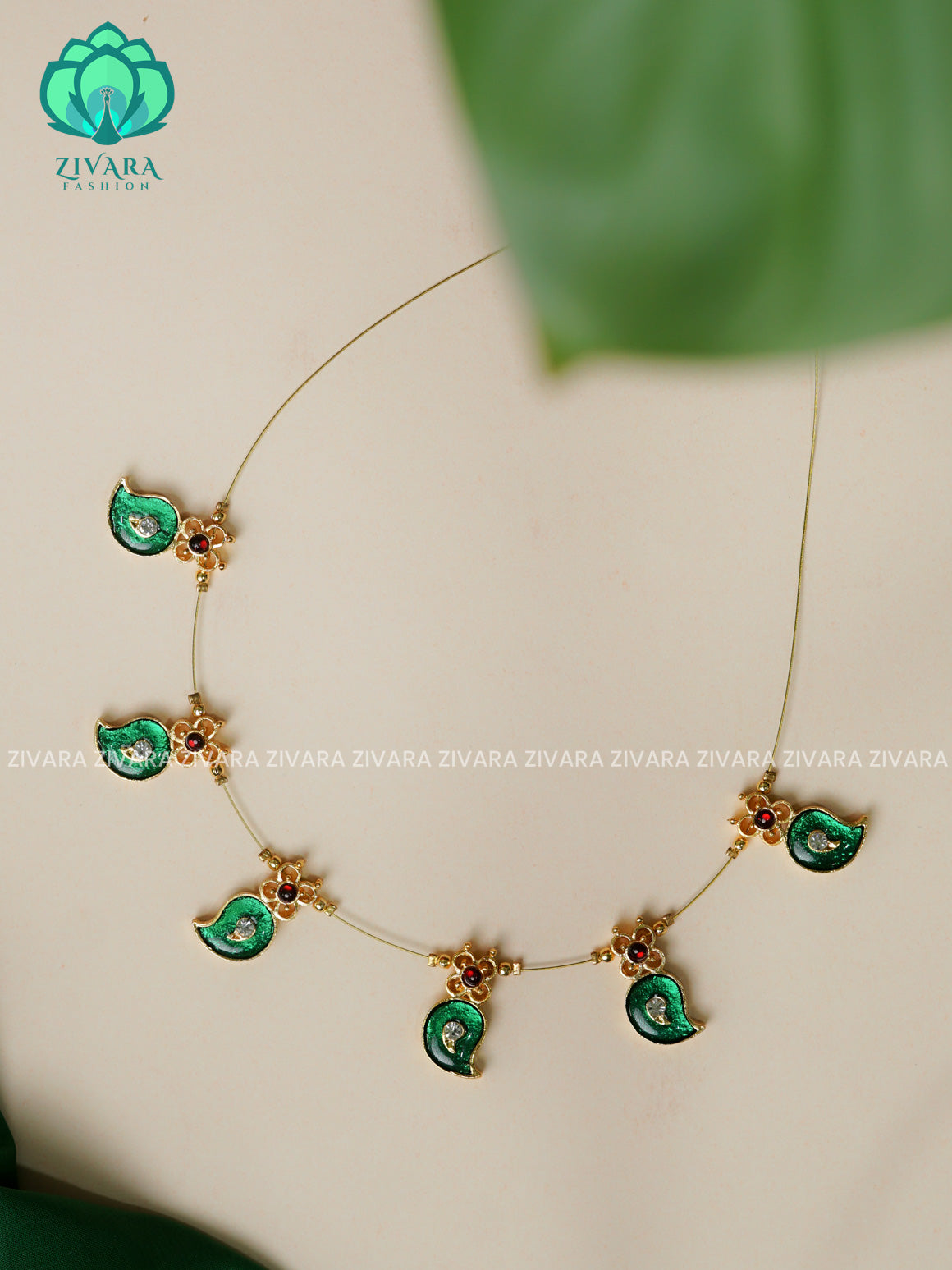 GREEN - SHREYA - ENAMEL KEMP  TAMARA INVISIBLE MINIMAL ELEGANT HANDMADE NECKLACE WITH BRILLIANT FINISH MOTIFS- ZIVARA FASHION