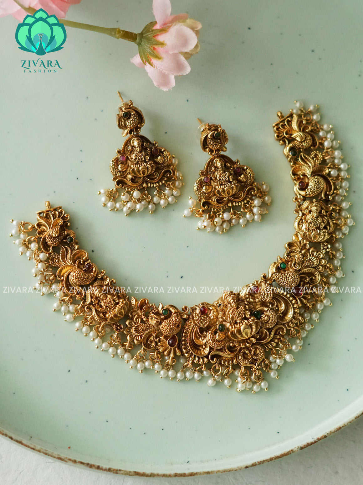 TEMPLE HEAVY BRIDAL    - Traditional south indian NORMAL MATTE neckwear with earrings- Zivara Fashion- latest jewellery design