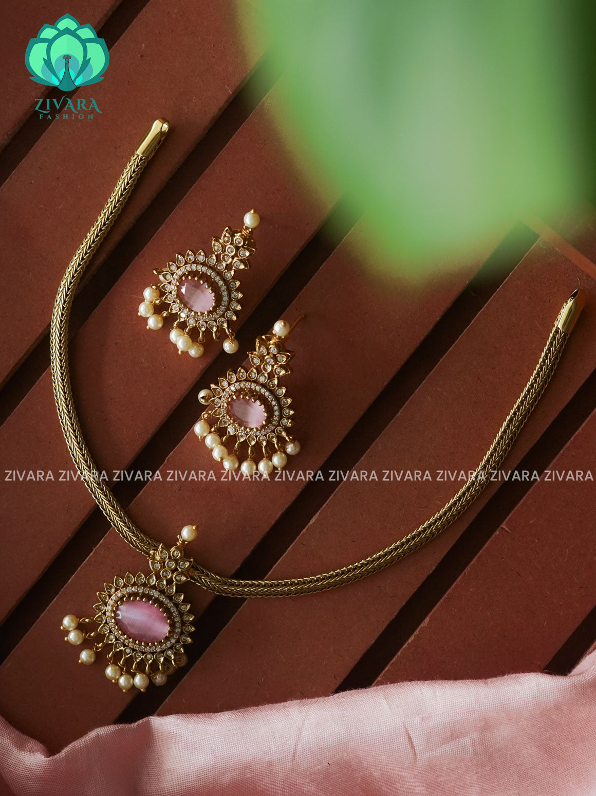 Pastel Pink- Flexible chain OVAL   pendant -Traditional south indian premium neckwear with earrings- Zivara Fashion- latest jewellery design