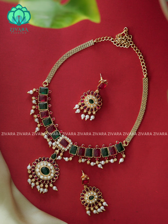 Ruby and green- Box motif normal matte choker with earrings-latest south indian jewellery