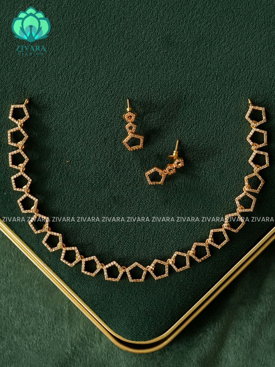 Kanya - GEOMETRIC PENTAGON WHITE STONE  MOTIF NECKWEAR -  stylish and minimal elegant neckwear with earrings- Zivara Fashion