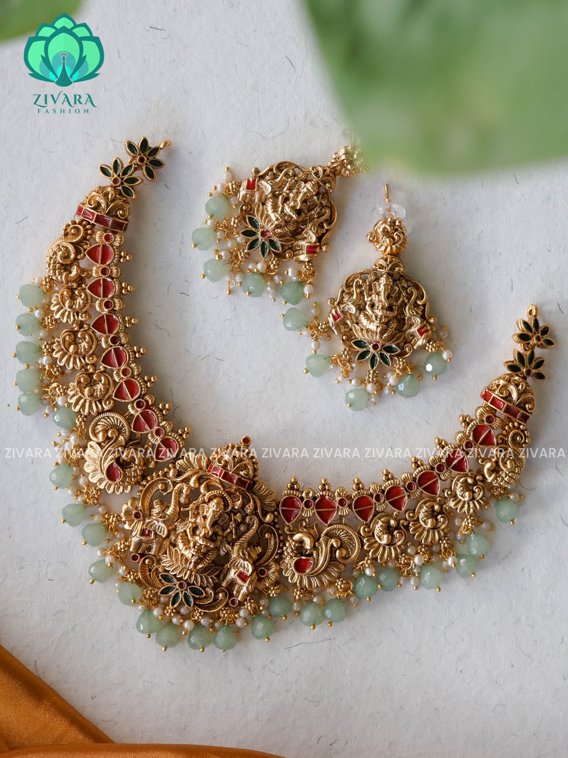 GREEN BEADS HEAVY ganesha TEMPLE NORMAL MATTE neckwear with earrings- Zivara Fashion- latest jewellery design