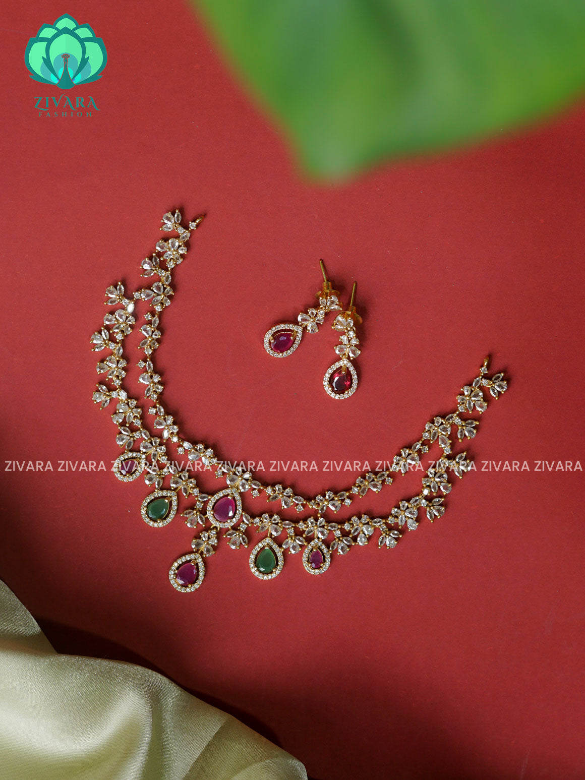 RUBY GREEN STONE STEP - stylish and minimal elegant neckwear with earrings- Zivara Fashion