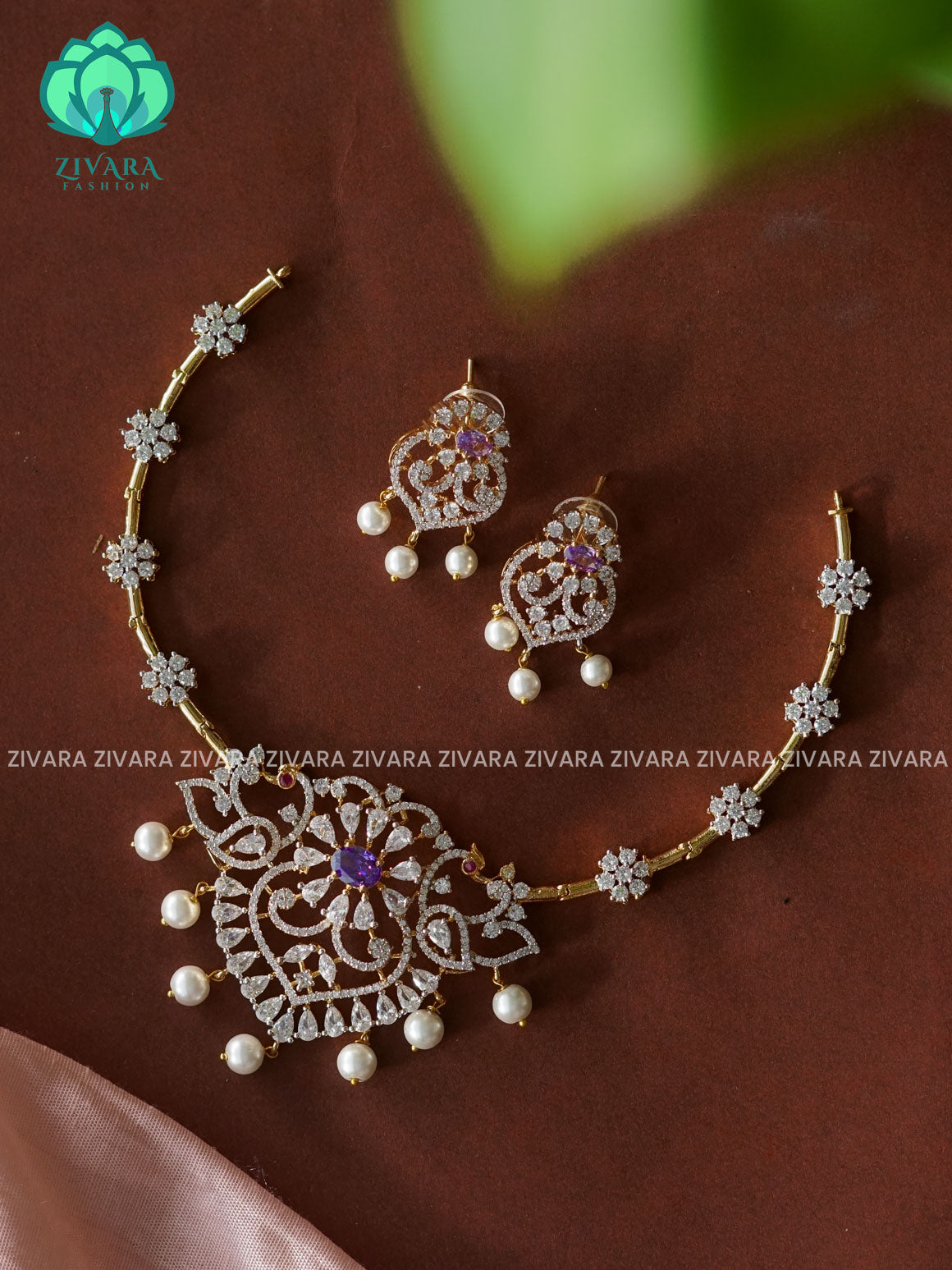 BRIDAL PURPLE AD FLEXIBLE HASLI NECKLACE WITH EARRING - Zivara Fashion- latest jewellery design